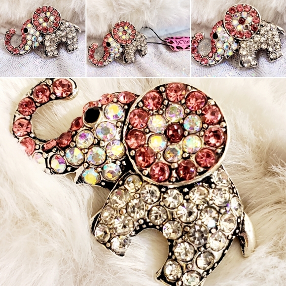 Jewelry - Silver Pink and white crystal elephant brooch